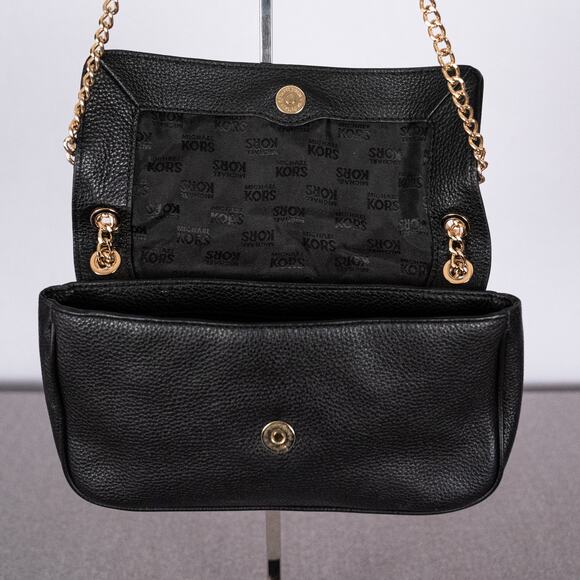 Michael Kors Fulton Flap Shoulder Bag Black Pebbled Leather Gold-Tone Logo Chain - Picture 7 of 10